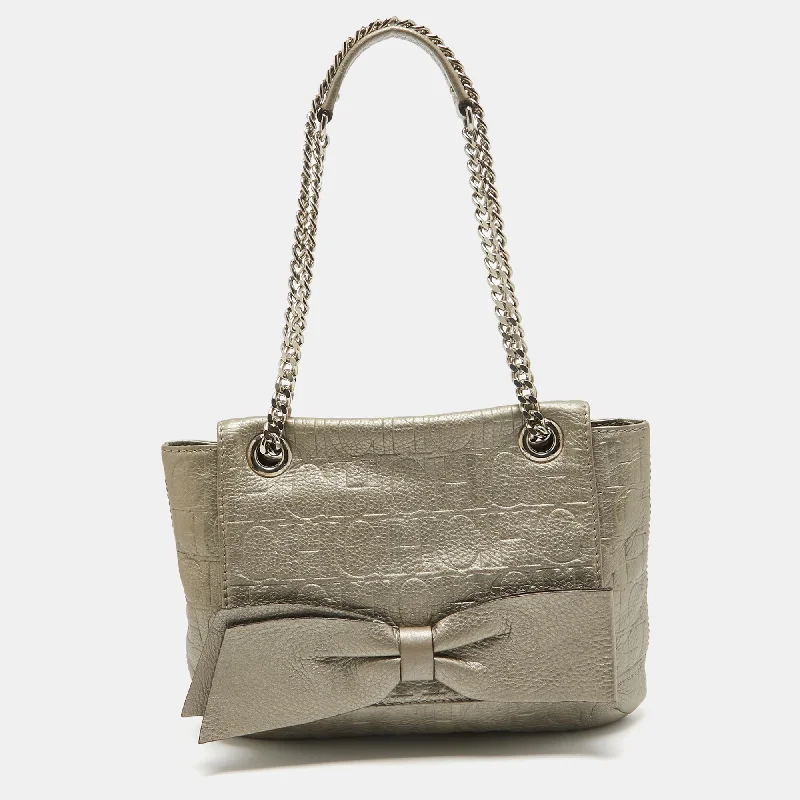 Shoulder bags with floral prints for spring -Ch Carolina Herrera Grey Monogram Embossed Leather Audrey Shoulder Bag