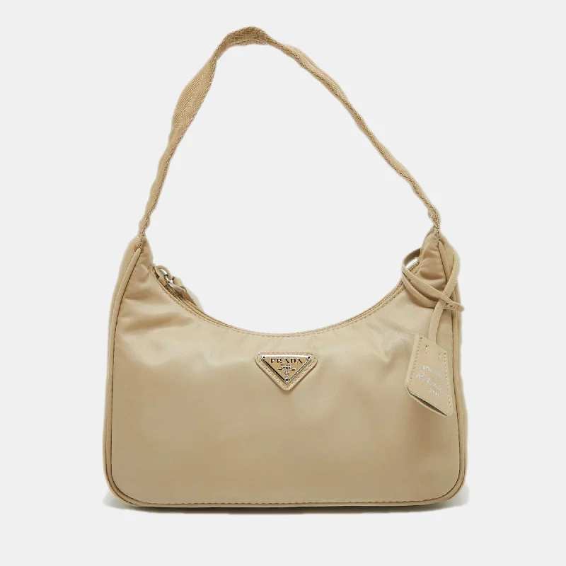 Shoulder bags with suede accents for texture -Prada Beige Nylon Mini Re-Edition 2000 Baguette Bag