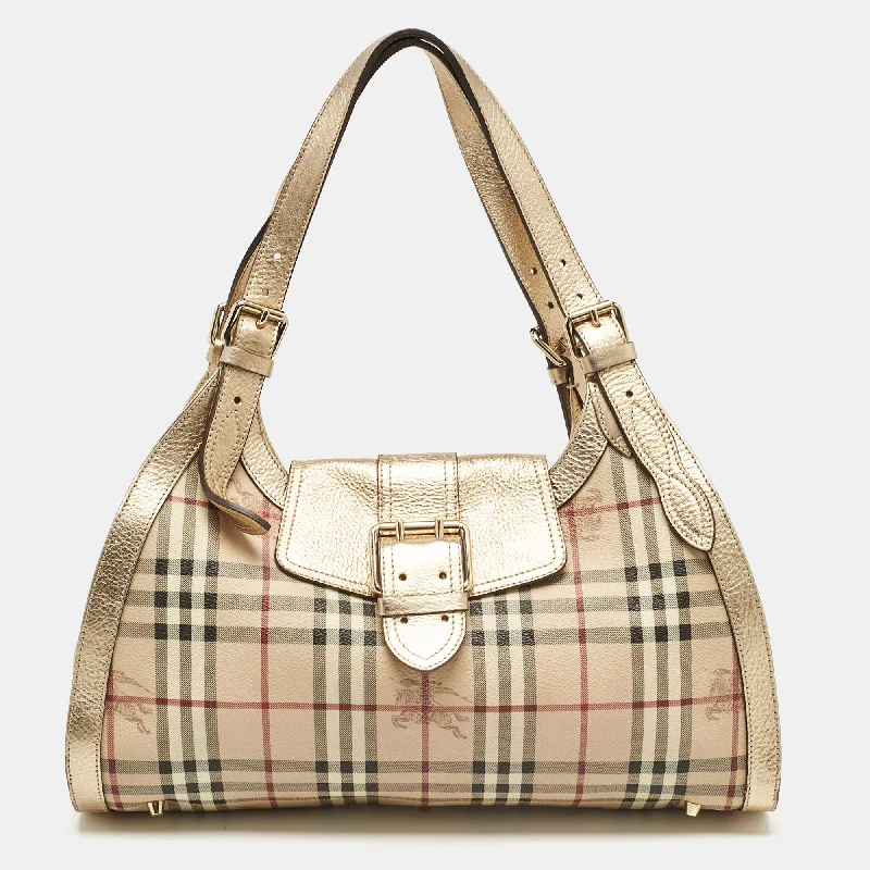 Shoulder bags with neutral tones for versatility -Burberry Gold/beige Haymarket Check Pvc Ashbury Shoulder Bag