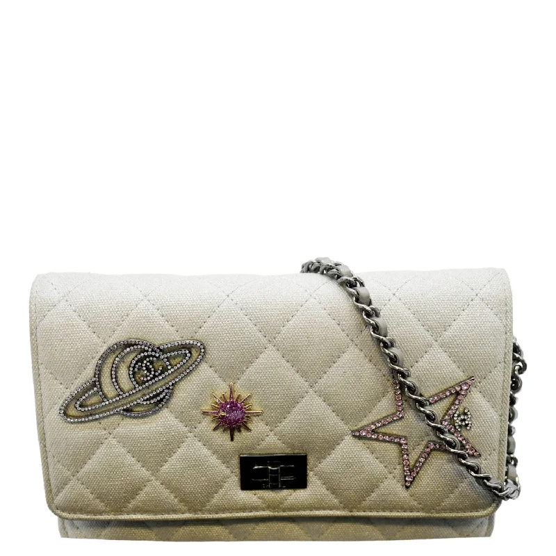 CHANEL Classic 2.55 Reissue Space Charm Quilted Canvas WOC Crossbody Bag Silver