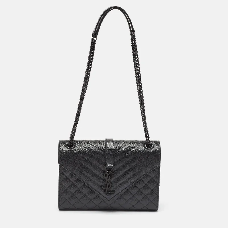 Shoulder bags with sleek hardware for sophistication -Saint Laurent Black Mix Matelassé Leather Medium Envelope Chain Shoulder Bag