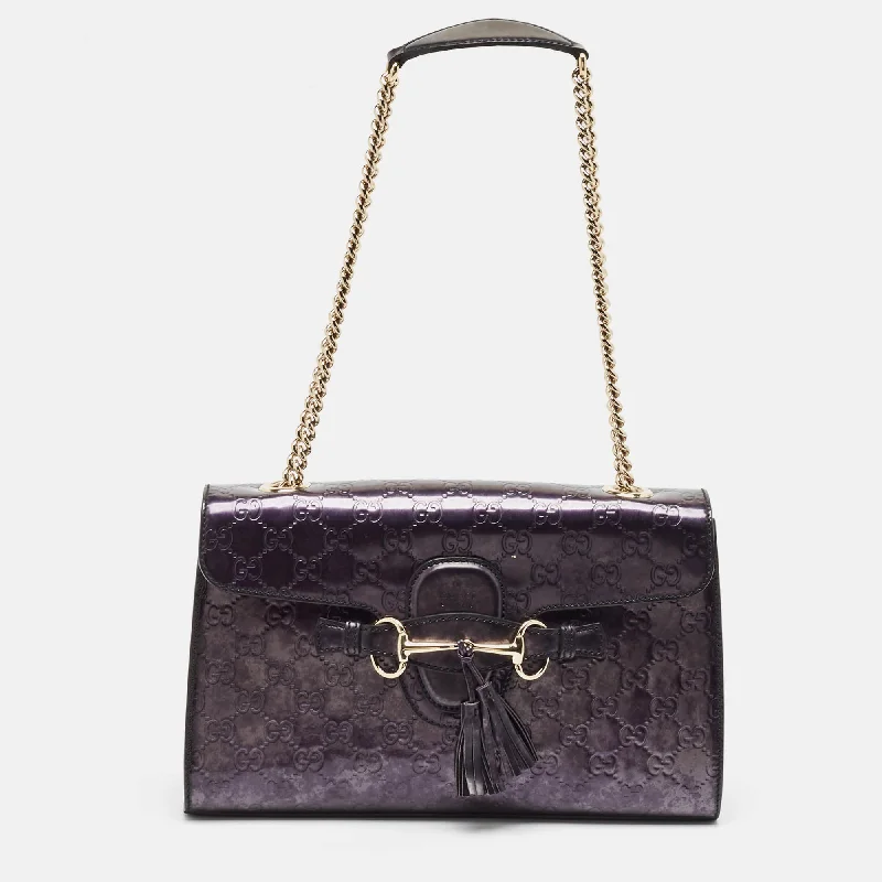 Shoulder bags with playful pom-poms for charm -Gucci Purple Guccissima Patent Leather Medium Emily Shoulder Bag