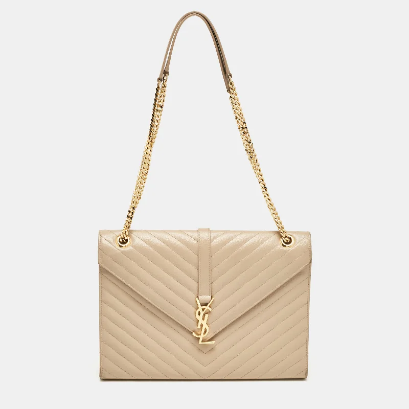 Shoulder bags with leather accents for elegance -Saint Laurent Beige Chevron Leather Large Monogram Envelope Shoulder Bag