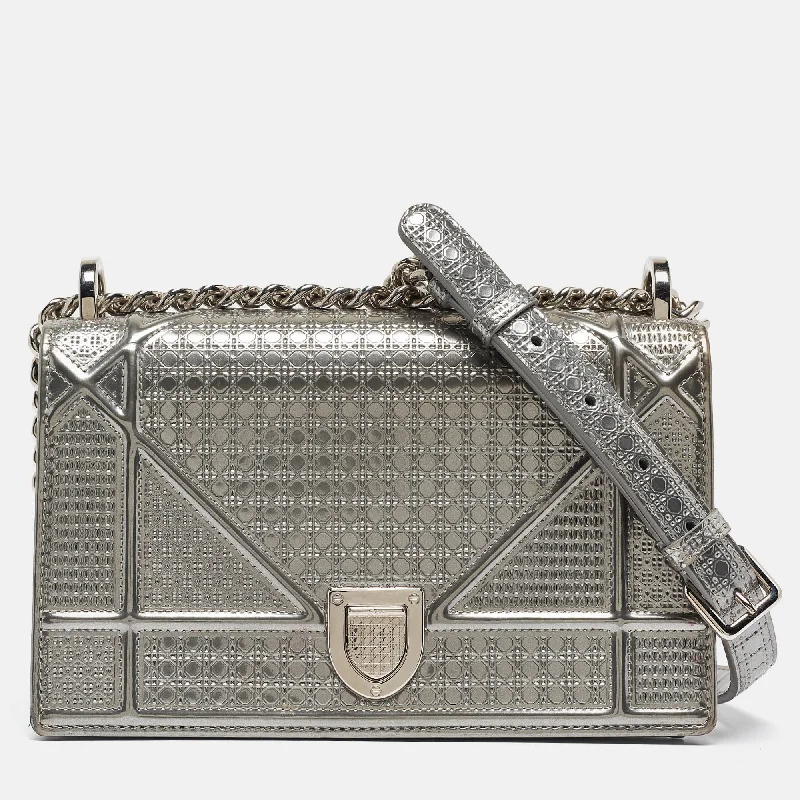 Reversible shoulder bags offering two chic looks -Dior Silver Patent Leather Small Diorama Shoulder Bag