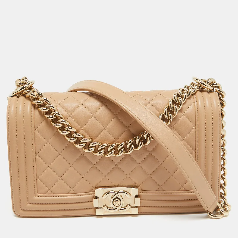 Shoulder bags with structured shapes for class -Chanel Beige Quilted Leather Medium Boy Flap Bag