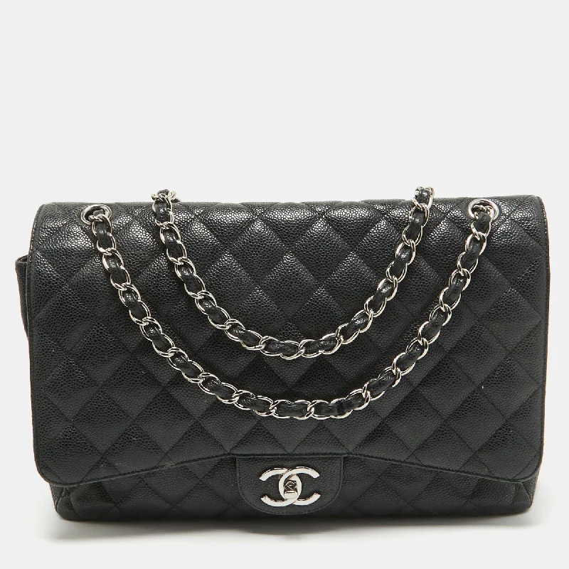 Shoulder bags with playful pom-poms for charm -Chanel Black Quilted Caviar Leather Maxi Classic Double Flap Bag