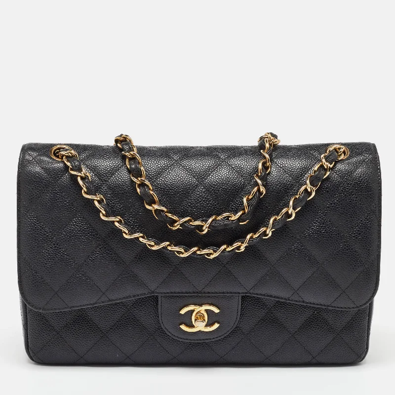 Shoulder bags with rugged canvas for outdoors -Chanel Black Caviar Quilted Leather Jumbo Classic Double Flap Bag