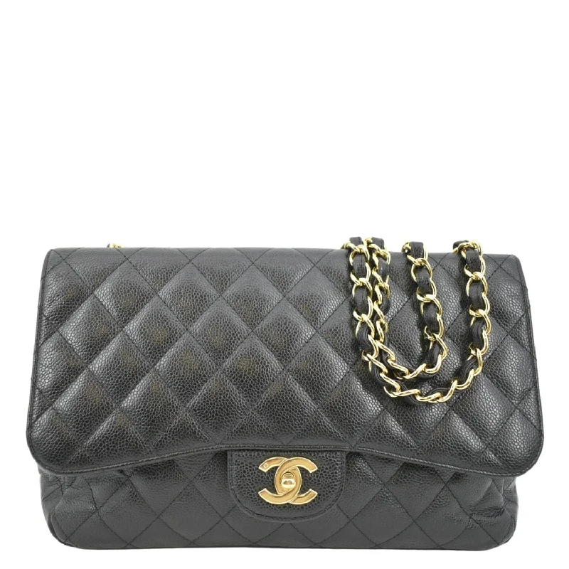 CHANEL Classic Jumbo Single Flap Quilted Caviar Leather Shoulder Bag Black