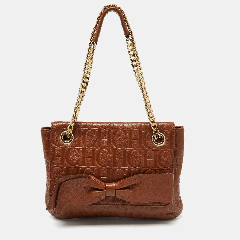 Shoulder bags with artistic prints for creativity -Ch Carolina Herrera Brown Monogram Leather Audrey Shoulder Bag