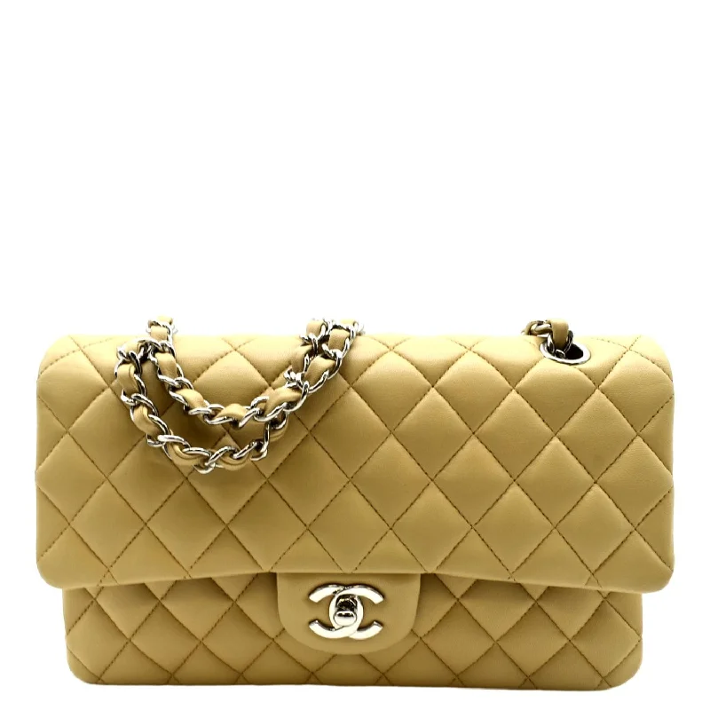 CHANEL Classic Medium Double Flap Quilted Leather Shoulder Bag Beige