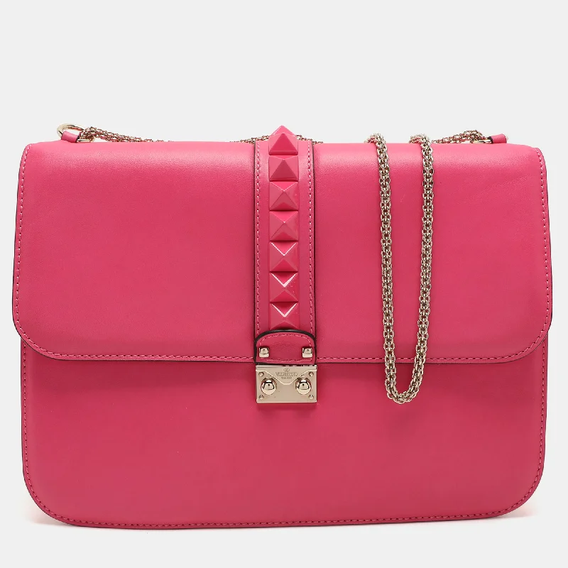 Shoulder bags with playful pom-poms for charm -Valentino Pink Leather Large Glam Lock Shoulder Bag