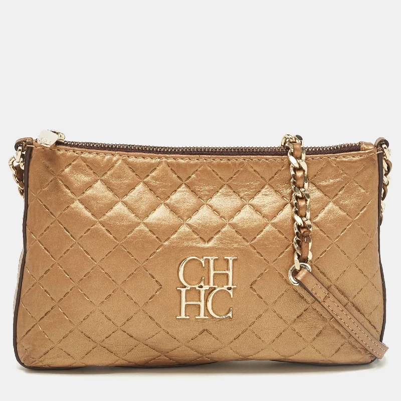 Shoulder bags with bohemian tassel embellishments -Carolina Herrera Gold Leather Logo Chain Shoulder Bag