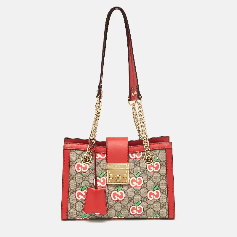 Shoulder bags with denim fabric for casual -Gucci Red/beige Gg Supreme Canvas Apple Print Small Padlock Shoulder Bag