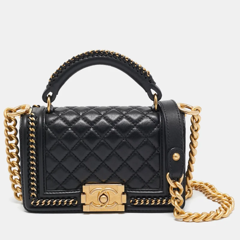 Shoulder bags with playful pom-poms for charm -Chanel Black Quilted Leather Small Chain Around Boy Flap Bag