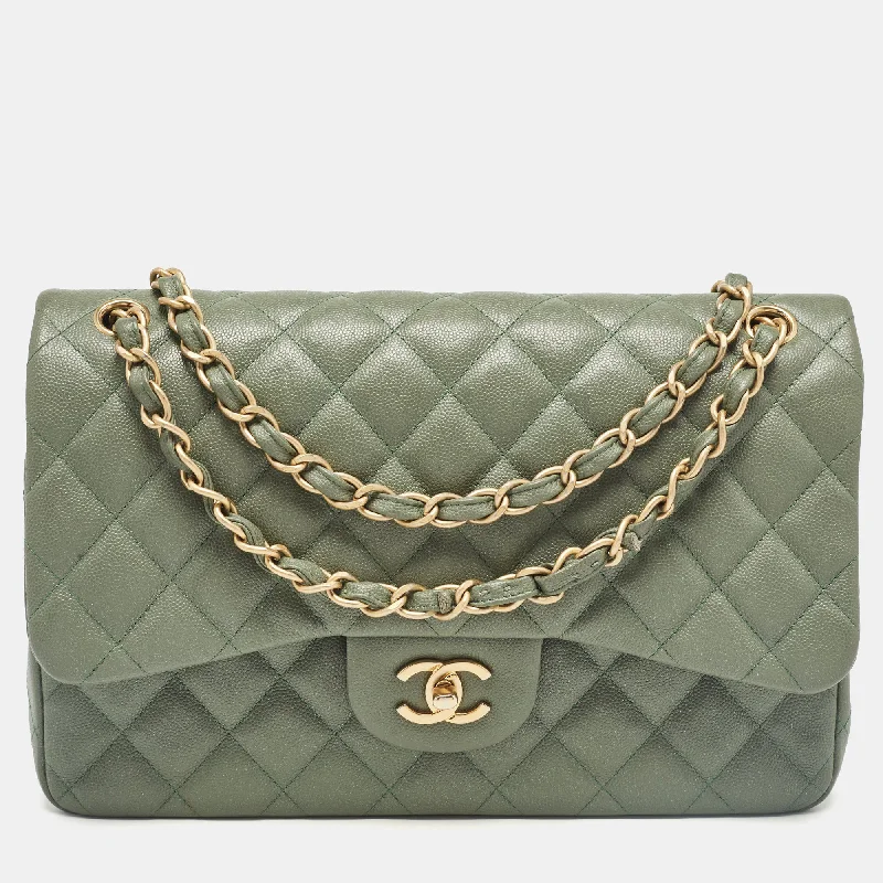 Shoulder bags with sturdy canvas for longevity -Chanel Green Quilted Caviar Leather Jumbo Classic Double Flap Bag