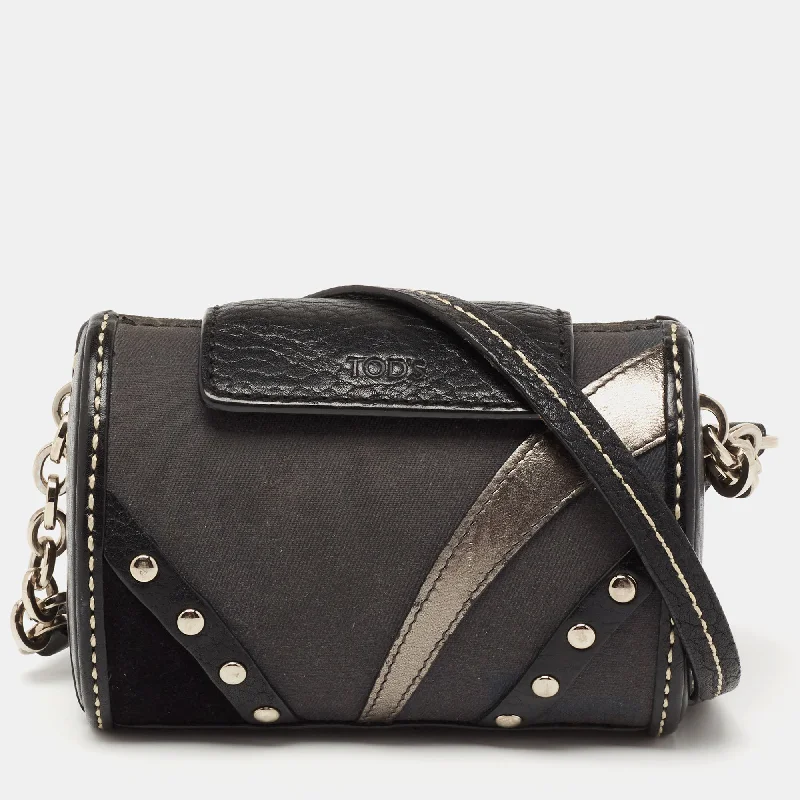 Shoulder bags with drawstring tops for style -Tod's Black Leather And Canvas Studded Flap Shoulder Bag