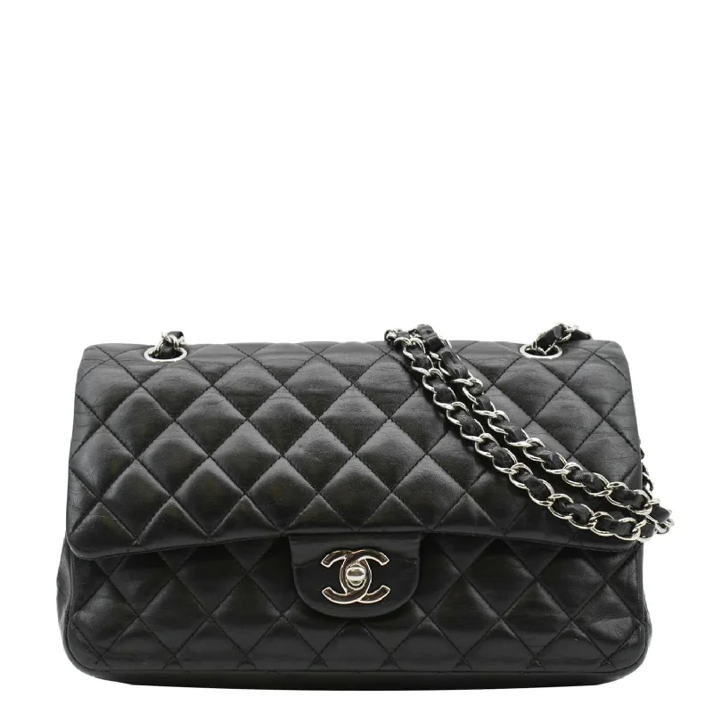 CHANEL Classic Medium Double Flap Quilted Leather Shoulder Bag Black