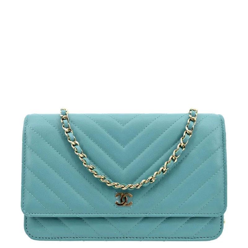 CHANEL CC WOC Chevron Leather Wallet On Chain Crossbody Bag Turquoise