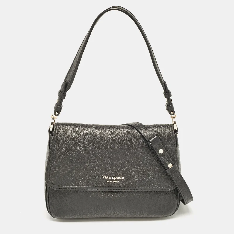 Shoulder bags with metallic finishes for shine -Kate Spade Black Leather Polly Convertible Flap Shoulder Bag