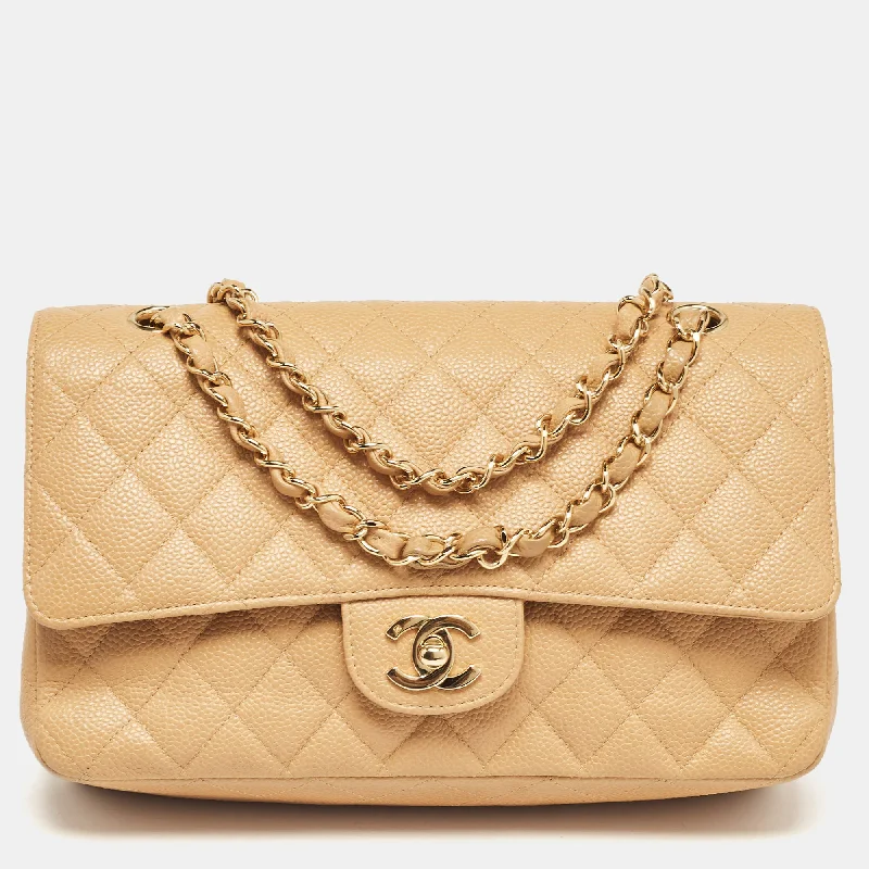 Shoulder bags with wide openings for access -Chanel Beige Caviar Leather Medium Classic Double Flap Bag