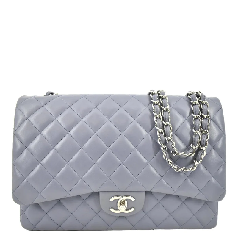 CHANEL Classic Maxi Double Flap Quilted Lambskin Leather Shoulder Bag Light Purple