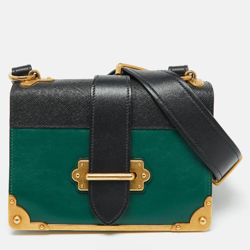 Shoulder bags with sleek black for elegance -Prada Green/black Leather Cahier Flap Shoulder Bag