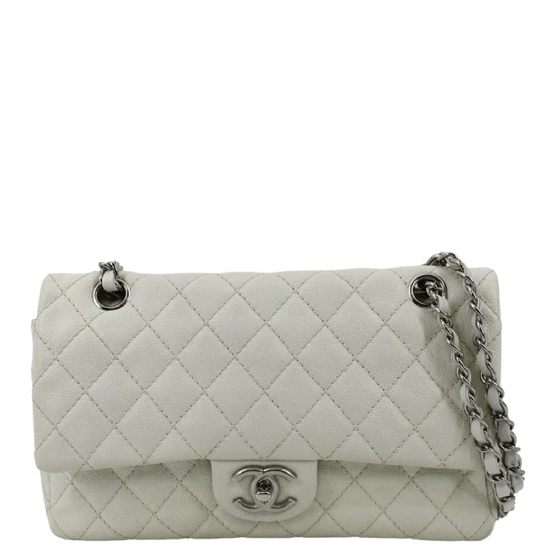 CHANEL Classic Double Flap Quilted Caviar Leather Shoulder Bag White