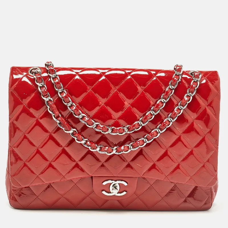 Shoulder bags with minimalist sleek silhouettes -Chanel Red Quilted Patent Leather Maxi Classic Double Flap Bag