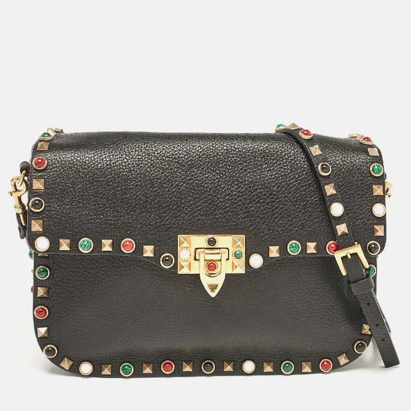 Shoulder bags with soft velvet for luxury -Valentino Black Leather Rolling Rockstud Shoulder Bag