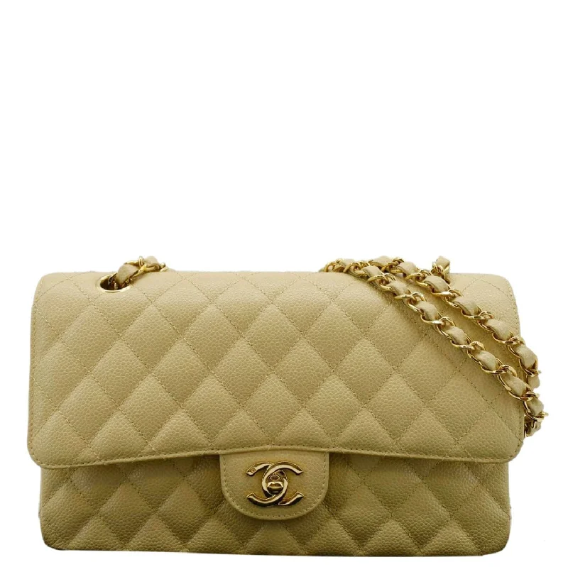 CHANEL Classic Double Flap Quilted Caviar Leather Shoulder Bag Cream