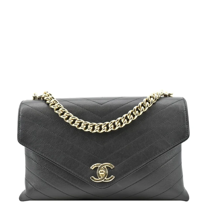 CHANEL Coco Flap Chevron  Stitched Leather Shoulder Bag Black