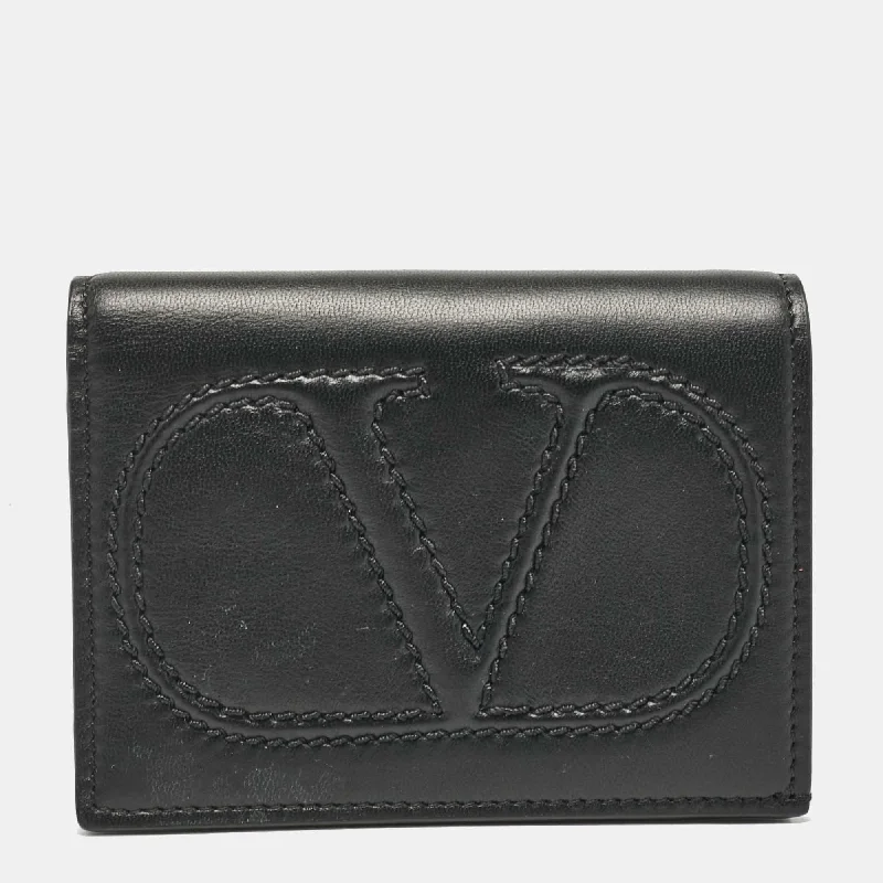 Large shoulder bags with spacious interior pockets -Valentino Black Leather Logo Flap Card Case