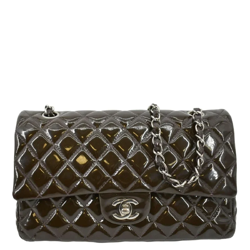 CHANEL Classic Medium Double Flap Patent Leather Shoulder Bag Dark Brown