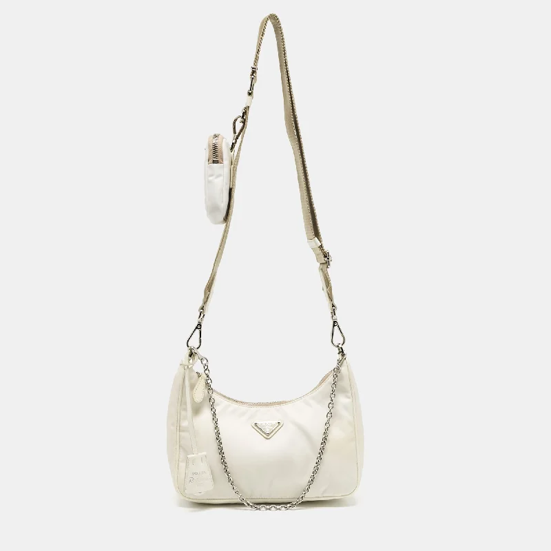 Shoulder bags with retro logos for charm -Prada White Nylon And Leather Re-Edition 2005 Baguette Bag