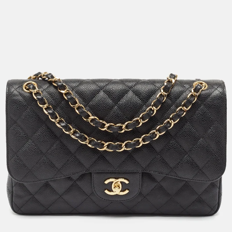 Shoulder bags with geometric patterns for modernity -Chanel Black Quilted Caviar Leather Jumbo Classic Double Flap Bag