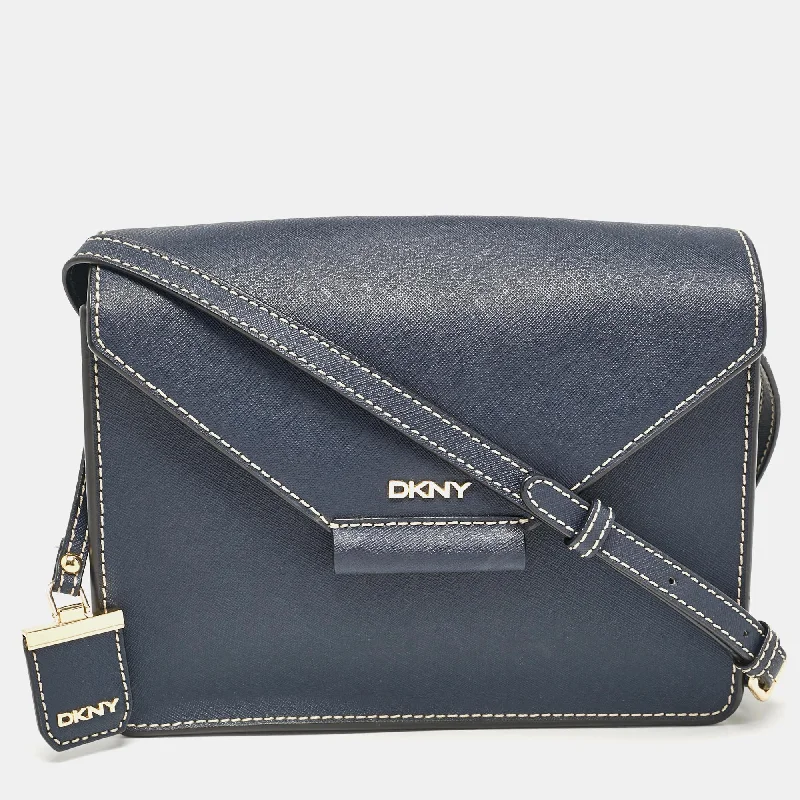 Shoulder bags with spacious pockets for travel -Dkny Navy Blue Saffiano Leather Envelope Flap Shoulder Bag