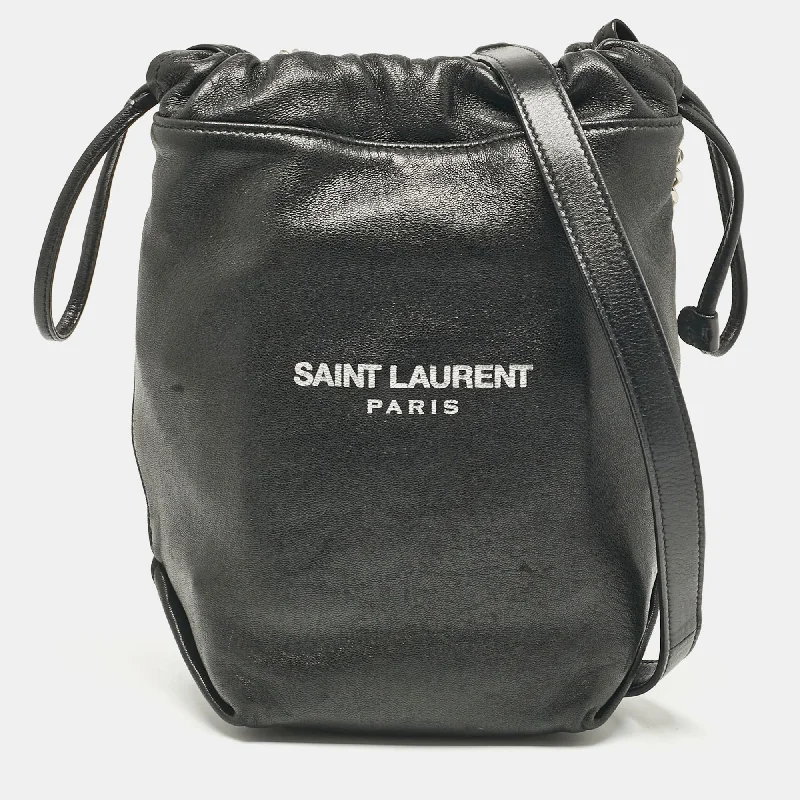 Shoulder bags with leather accents for elegance -Saint Laurent Black Leather Teddy Drawstring Shoulder Bag