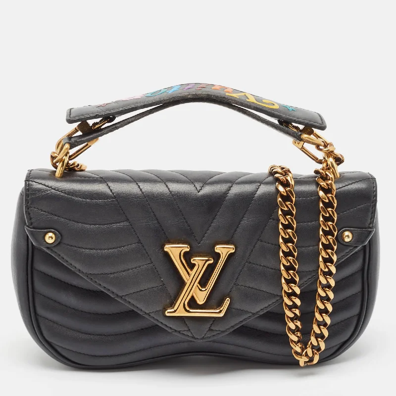 Shoulder bags with drawstring tops for style -Louis Vuitton Black Leather Chain New Wave Mm Bag