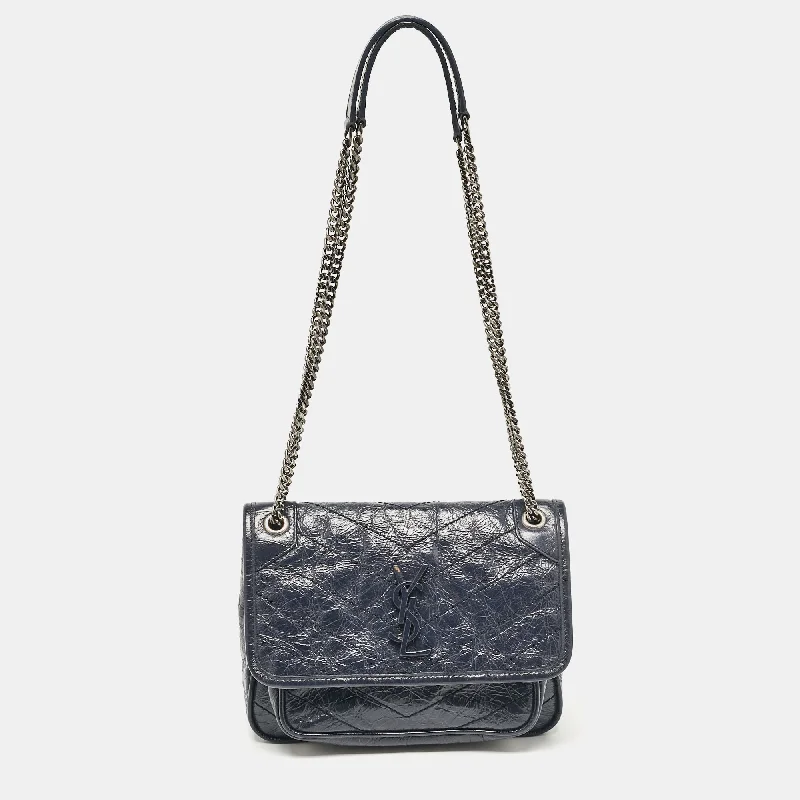 Shoulder bags with animal prints for flair -Saint Laurent Navy Blue Matelassé Leather Baby Niki Chain Shoulder Bag