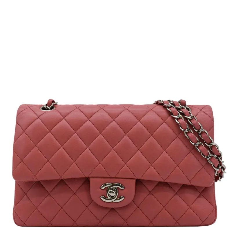 CHANEL Classic Double Flap Medium  Quilted Leather Shoulder Bag Salmon Pink