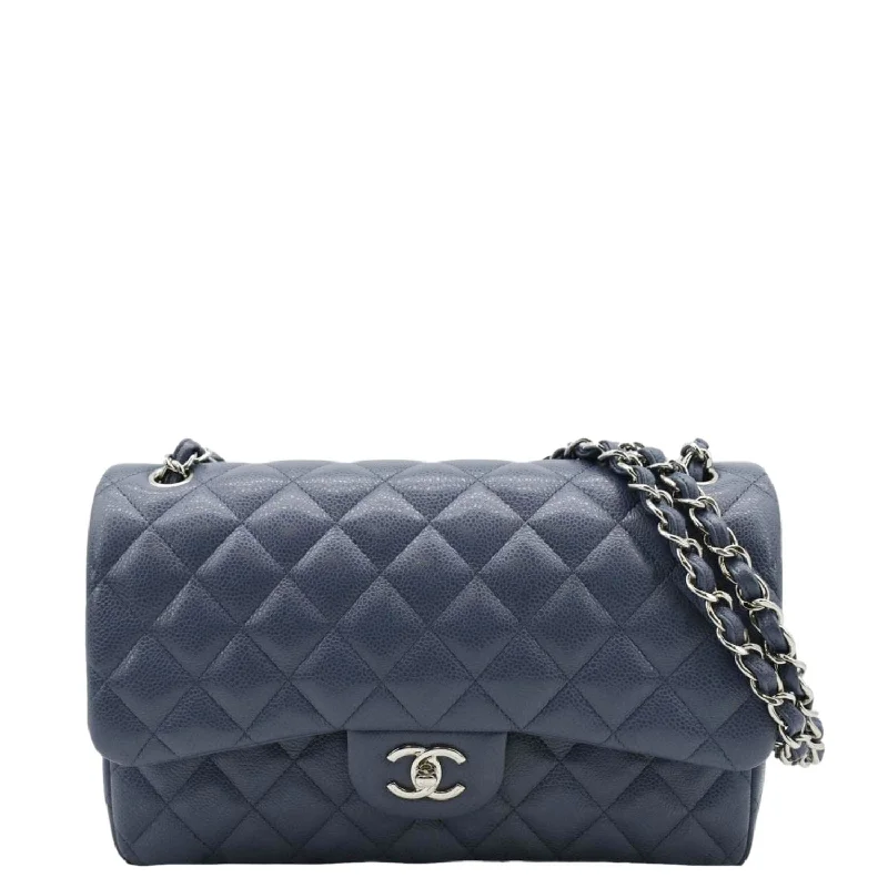 CHANEL Classic Jumbo Double Flap Quilted Caviar Leather Shoulder Bag Blue