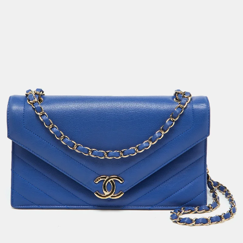 Shoulder bags with seasonal prints for holidays -Chanel Blue Leather Chevron Medium Coco Envelope Flap Bag