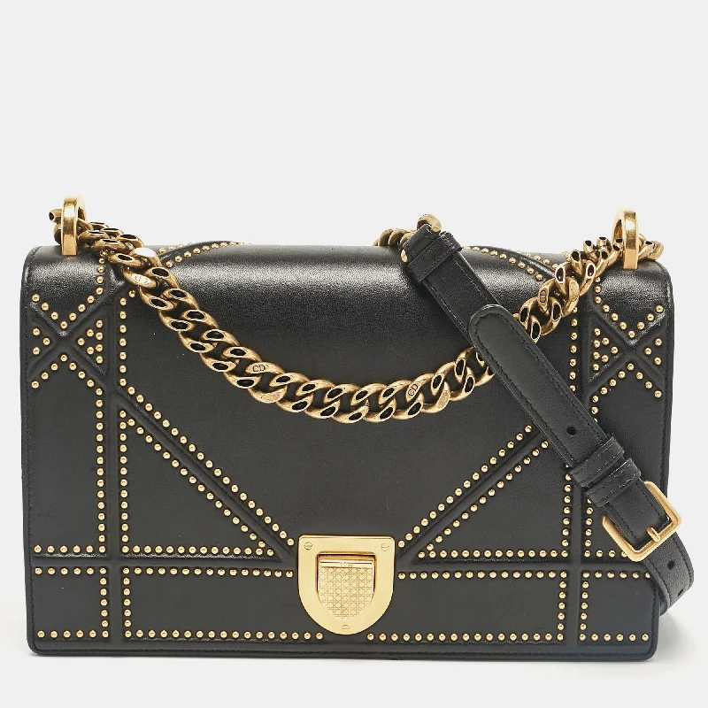 Shoulder bags with sleek hardware for sophistication -Dior Black Leather Medium Studded Diorama Flap Shoulder Bag