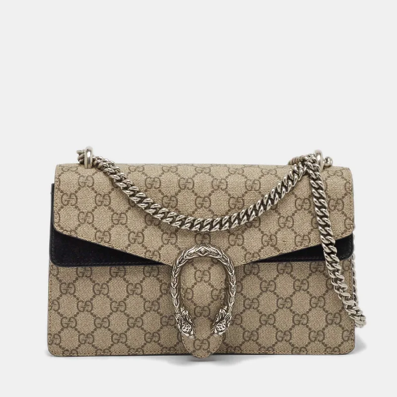 Shoulder bags with suede accents for texture -Gucci Beige/black Gg Supreme Canvas And Suede Small Dionysus Shoulder Bag