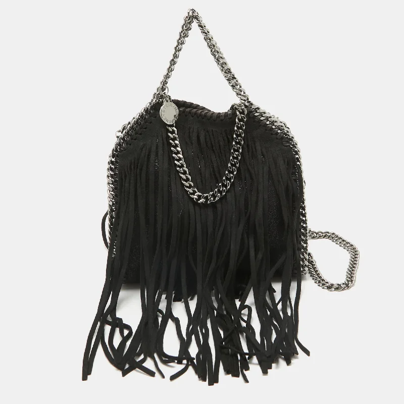 Shoulder bags with perforated details for style -Stella Mccartney Black Faux Suede Falabella Fringe Shoulder Bag