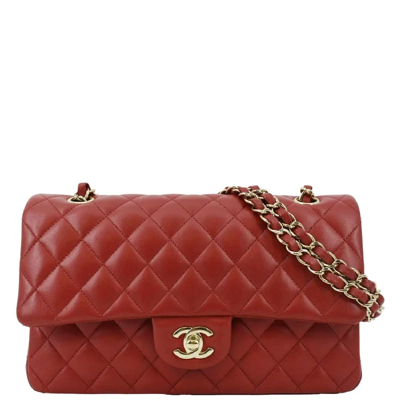 CHANEL Classic Medium Double Flap Quilted Leather Shoulder Bag Red