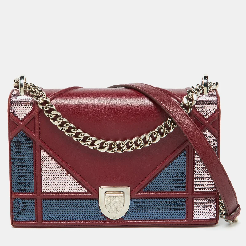 Shoulder bags with sleek hardware for sophistication -Dior Burgundy Leather And Sequins Medium Diorama Shoulder Bag