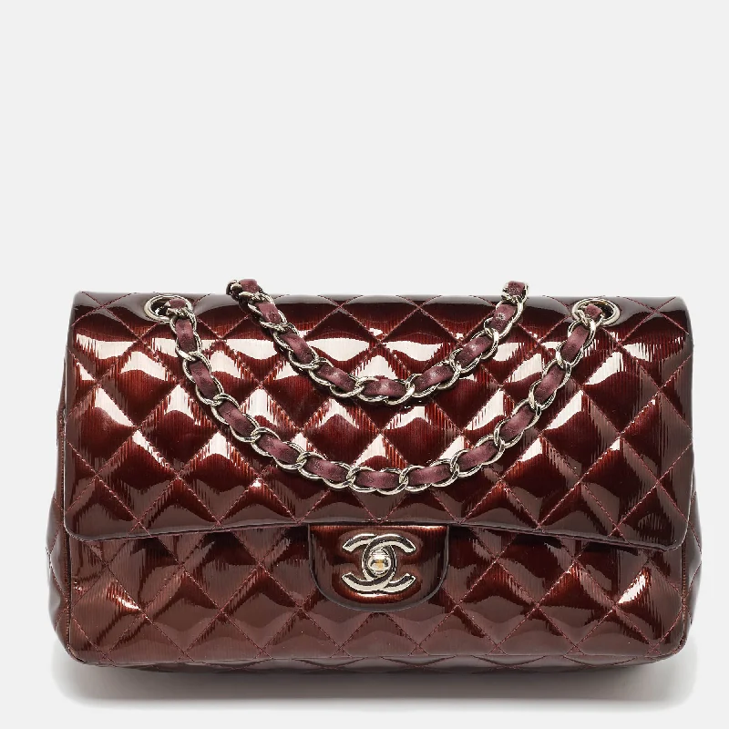 Shoulder bags with sturdy bases for support -Chanel Brown Patent Leather Medium Classic Double Flap Bag