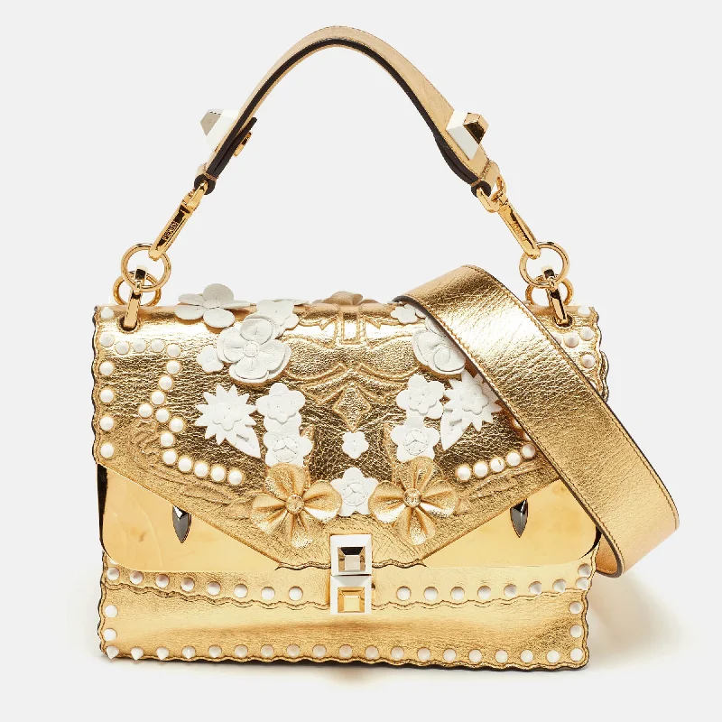 Waterproof shoulder bags ideal for rainy days -Fendi Gold Leather Floral Studded Wonder Monster Kan I Shoulder Bag