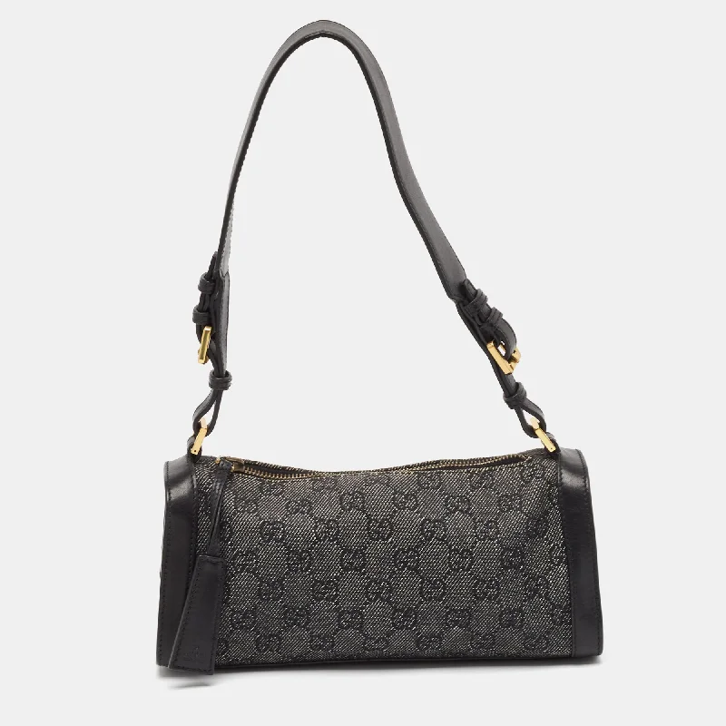 Shoulder bags with woven fabric for texture -Gucci Black Gg Denim And Leather Shoulder Bag